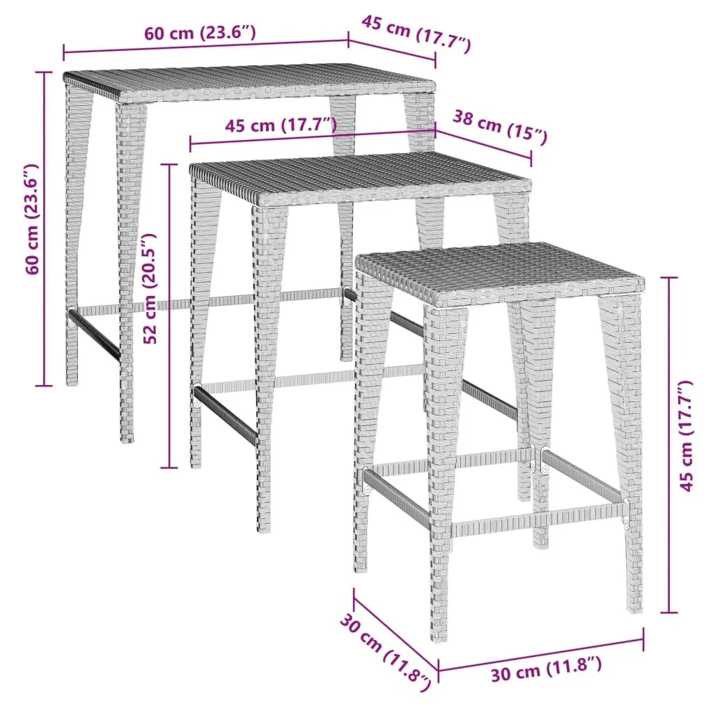 vidaXL Garden Nesting Tables 3 pcs Brown Poly Rattan